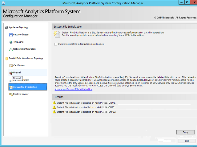 Appliance DWConfig inizializzazione immediata di file PDW