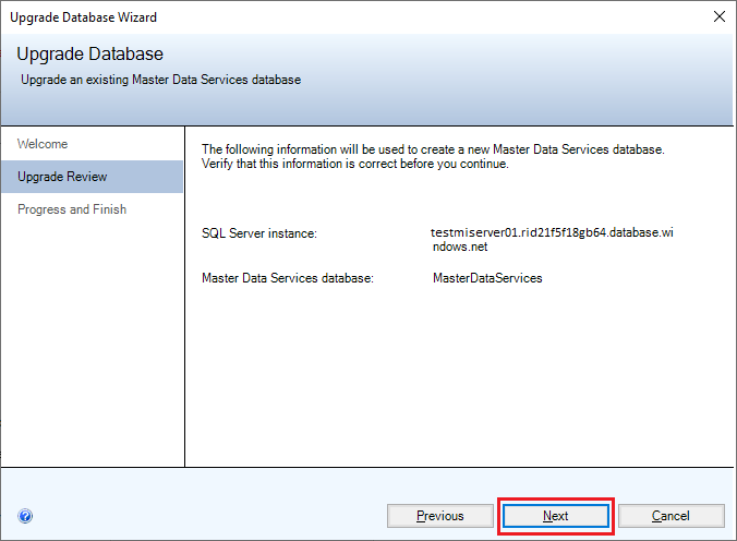 Screenshot della pagina di revisione dell'aggiornamento della Procedura guidata di aggiornamento del database.