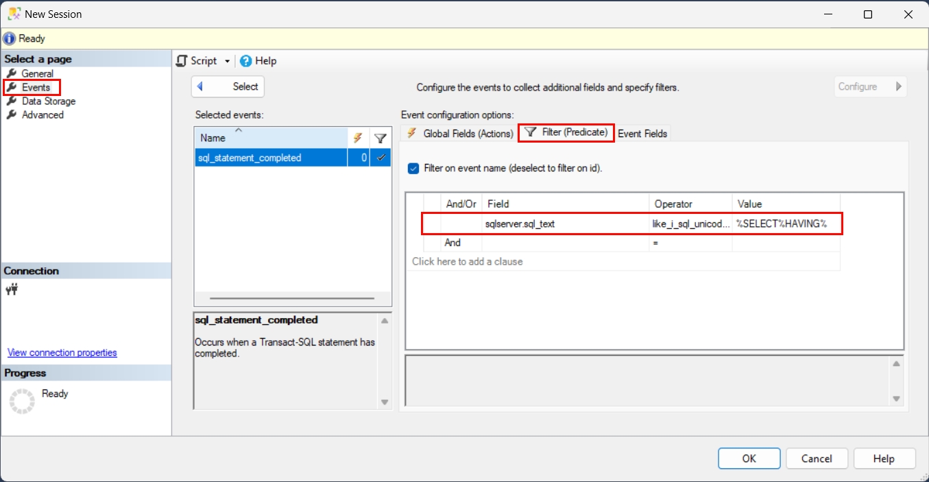 Screenshot di Nuova sessione > Eventi > Configura > Filtro (predicato) > Campo