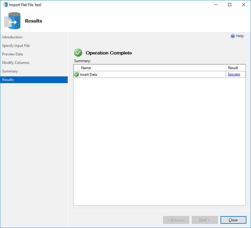 Screenshot del menu Risultati della procedura guidata di importazione dei file flat.