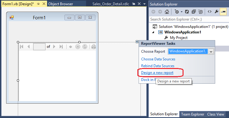 Screenshot dello smart tag ReportViewer Tasks, che evidenzia il report locale.
