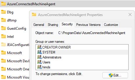 Screenshot della scheda Proprietà di sicurezza della cartella AzureConnectedMachineAgent.