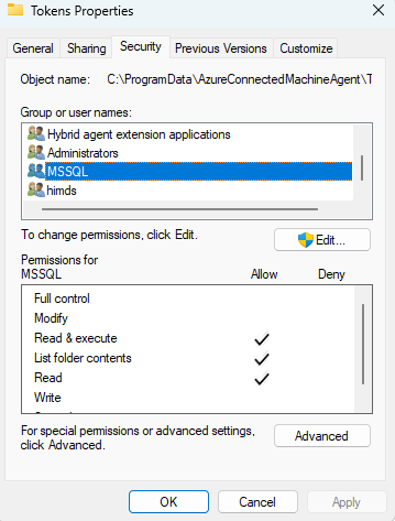 Screenshot della scheda Proprietà di sicurezza della cartella Token.