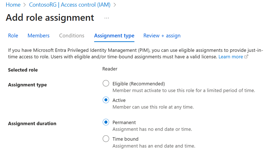 Screenshot della scheda Tipo di assegnazione nel portale di Azure, dove il tipo di assegnazione è impostato su Attivo e la durata dell'assegnazione su Permanente.