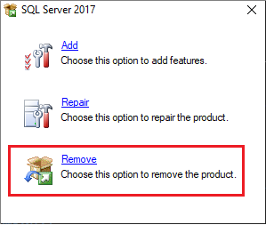 Screenshot che illustra come rimuovere SQL Server.