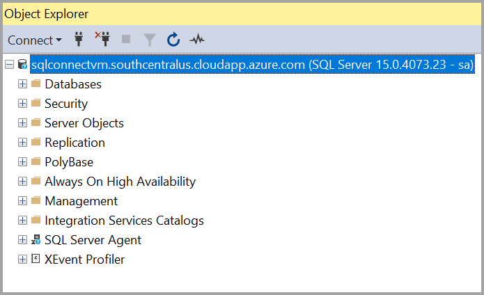Screenshot della connessione alla macchina virtuale SQL di Azure.