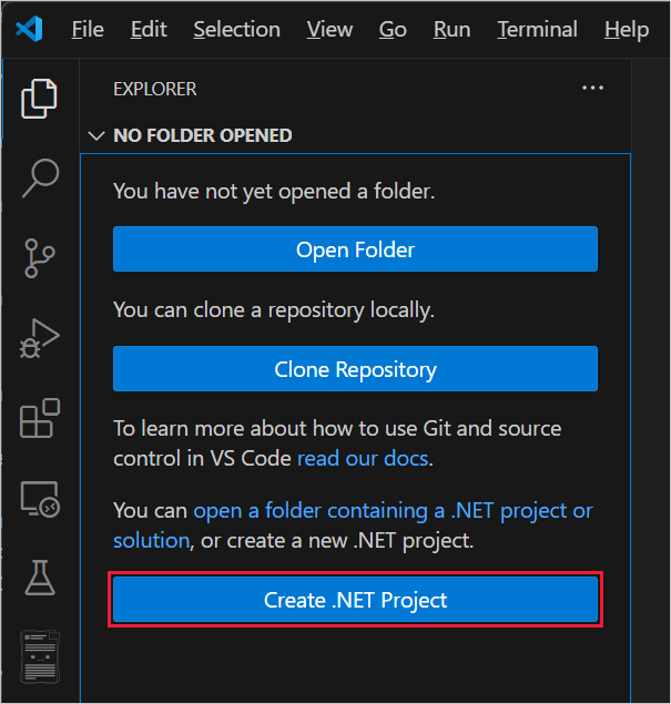 Screenshot della selezione di Crea progetto .NET.