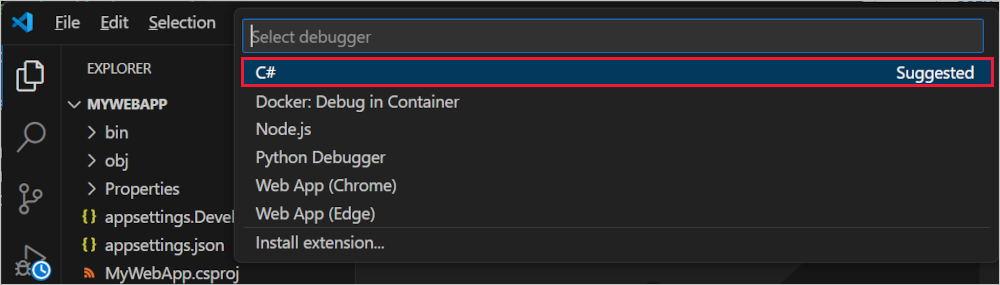 Screenshot della scelta di Seleziona debugger nel riquadro comandi.