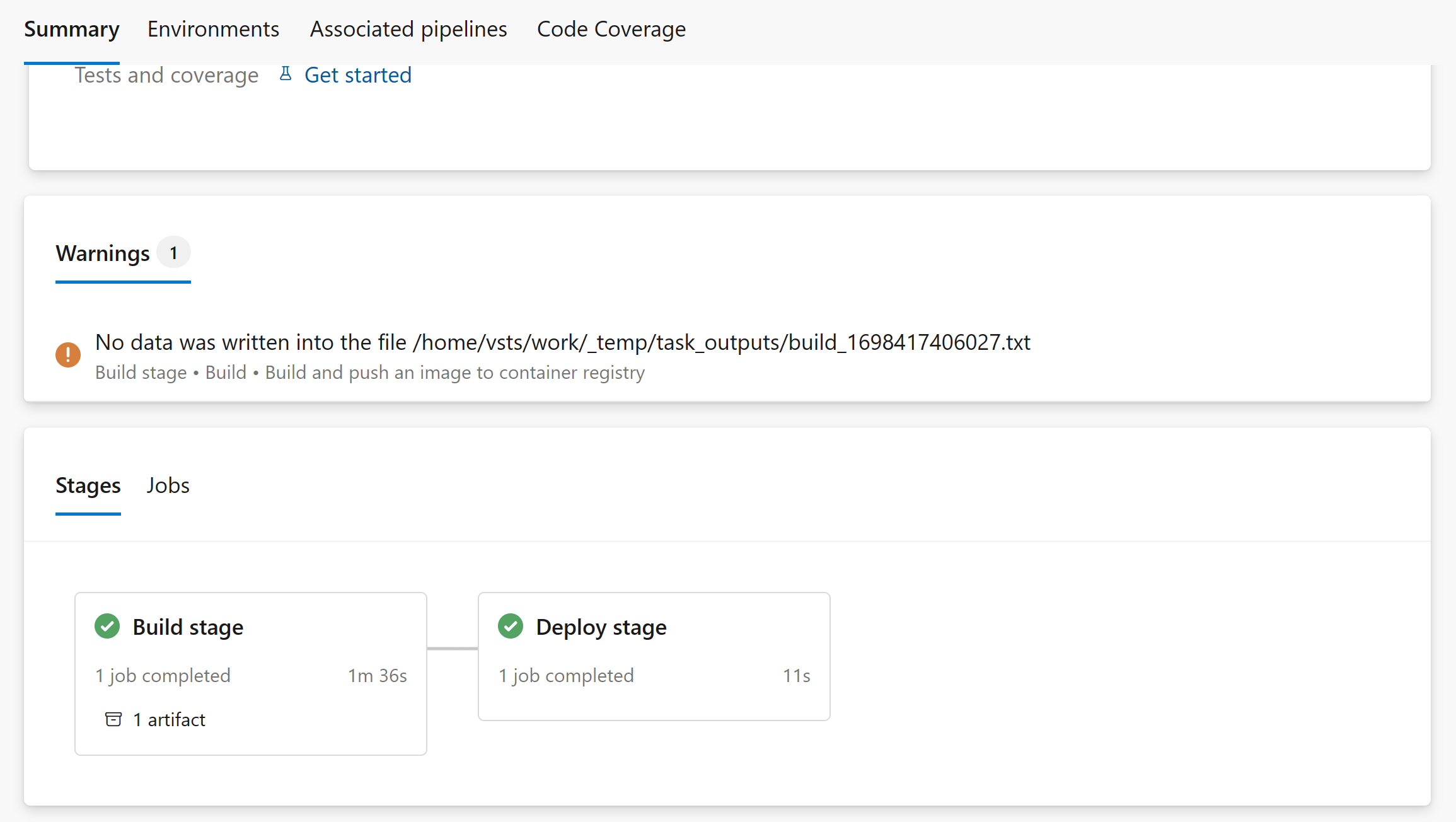 Screenshot che mostra la pipeline completata.