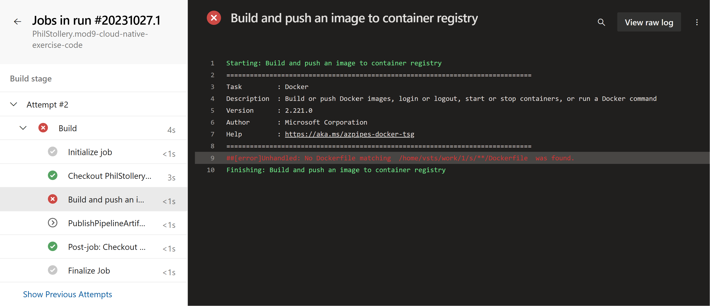 Screenshot della fase di compilazione in una pipeline non riuscita.