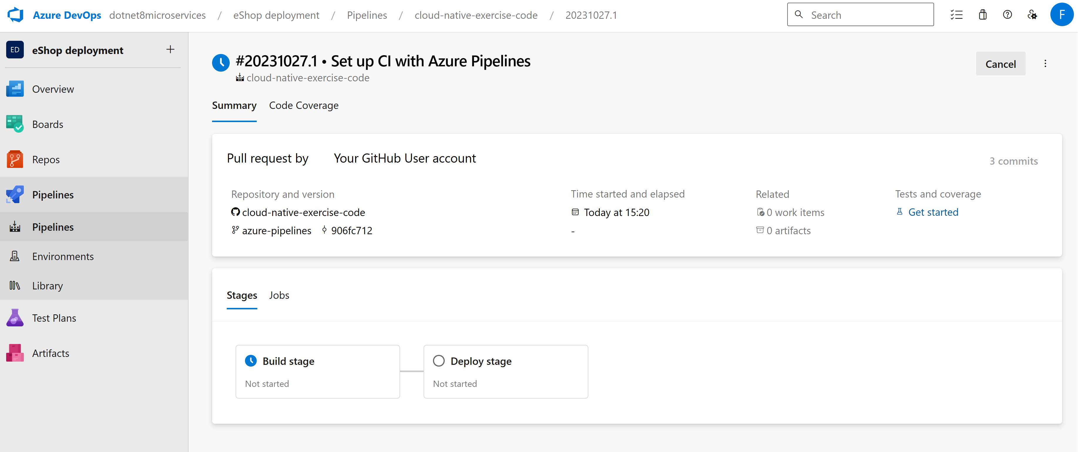Screenshot che mostra lo stato di una pipeline di Azure.