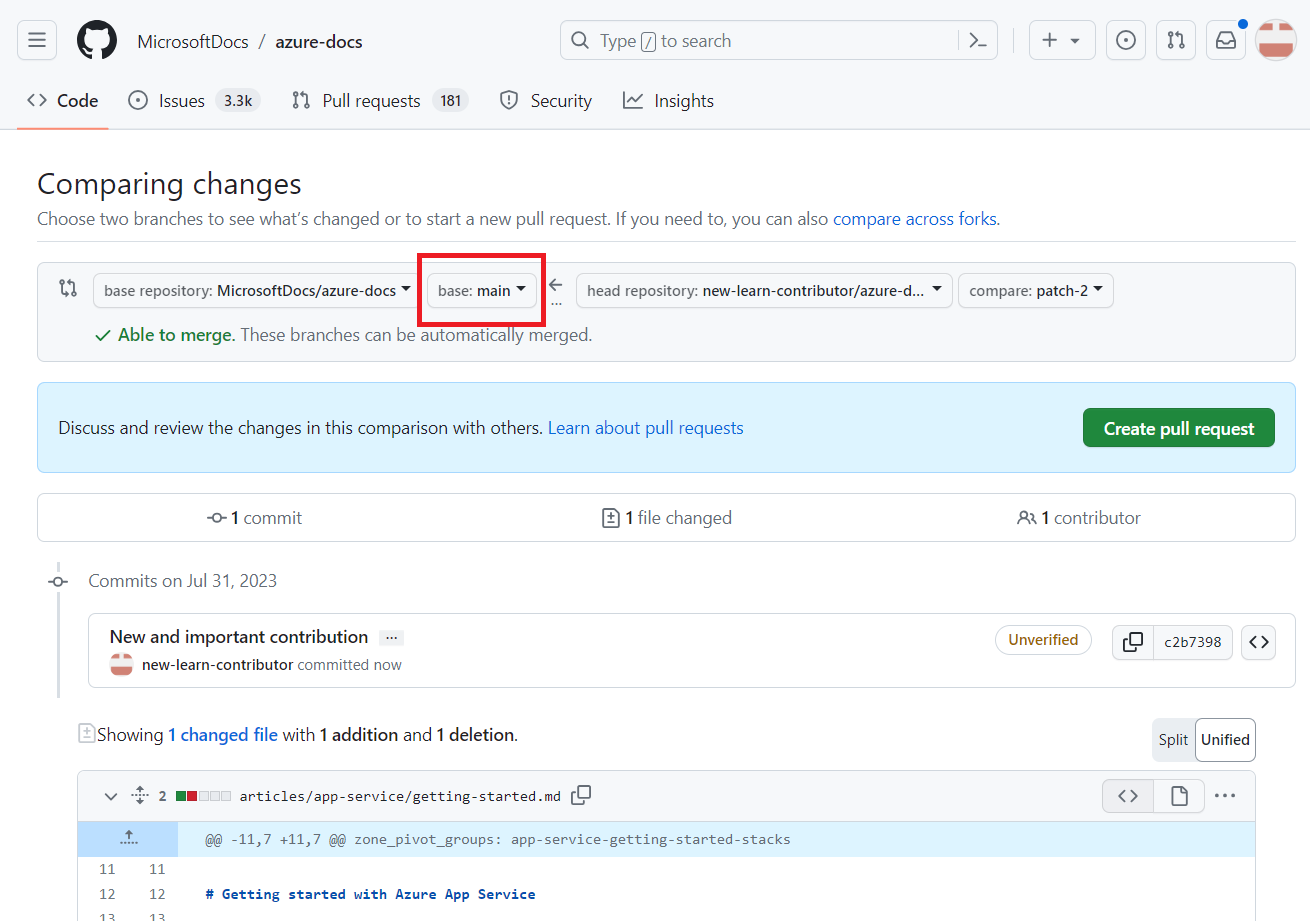 Screenshot della pagina web in cui i collaboratori devono verificare il repository di destinazione e il ramo in cui vogliono unire le modifiche. Il ramo principale è selezionato come base.