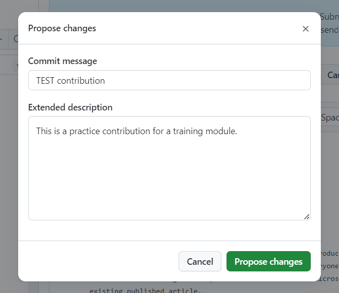 Screenshot del campo Messaggio commit compilato con il contributo TEST.
