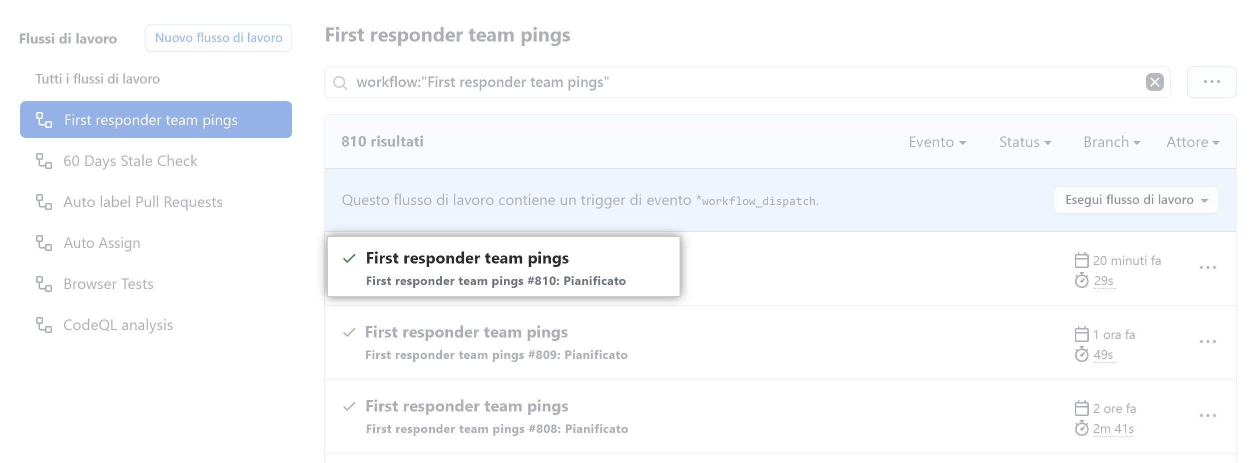Screenshot che mostra un flusso di lavoro di esempio eseguito in GitHub.