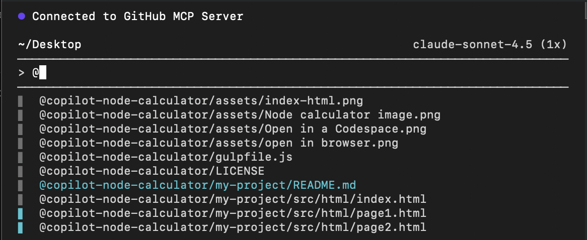 Screenshot della selezione di un file in modalità interattiva Copilot.