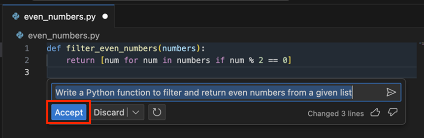 Screenshot di una chat di Copilot con una richiesta Python.