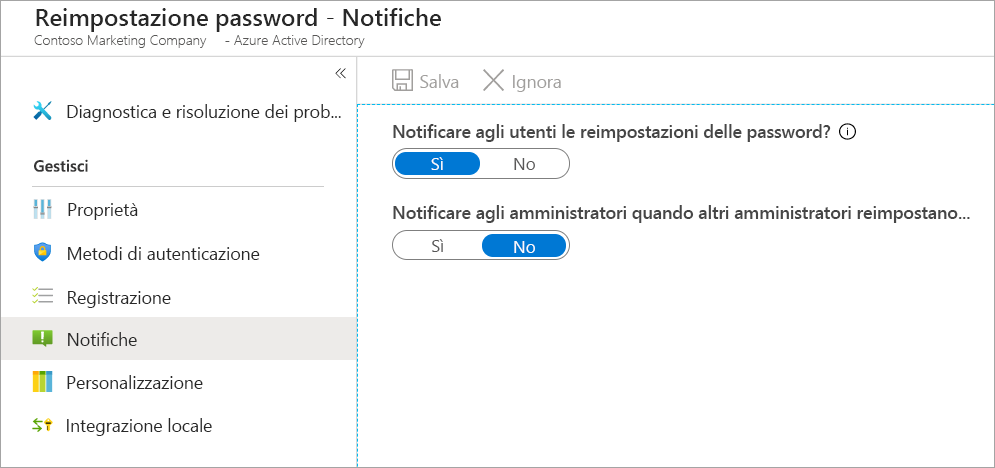 Screenshot del pannello Reimpostazione password con l'opzione Notifica selezionata, che mostra il pannello con le opzioni di notifica.