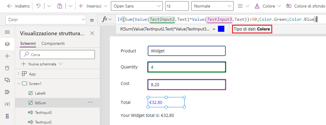 Screenshot del colore condizionale.
