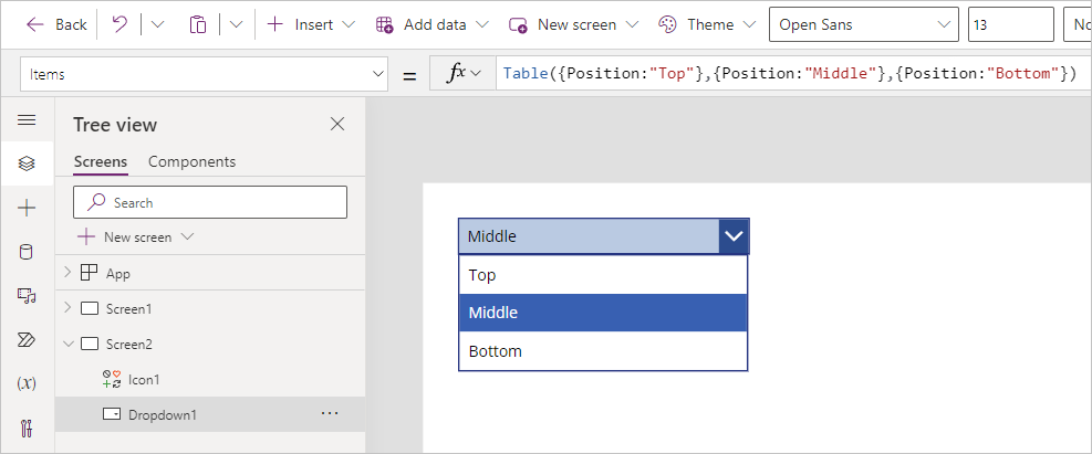 Screenshot del controllo a discesa che mostra i valori Top, Middle e Bottom.