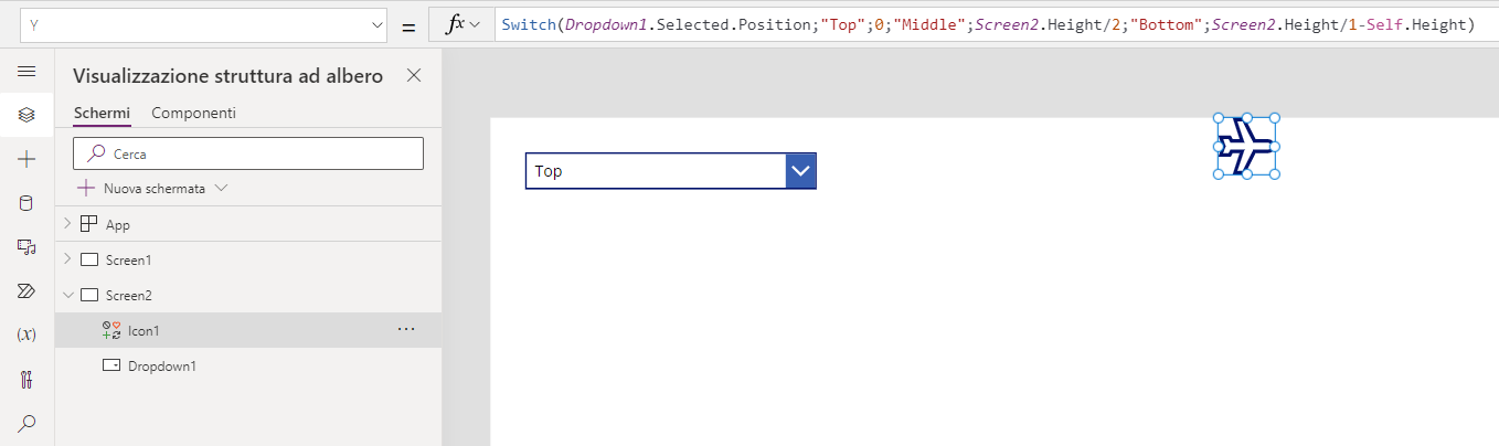 Screenshot della proprietà Y in Power Apps.