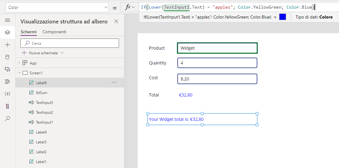 Screenshot del valore Color per l'etichetta di riepilogo della transazione e del colore visualizzato nell'etichetta come blu.