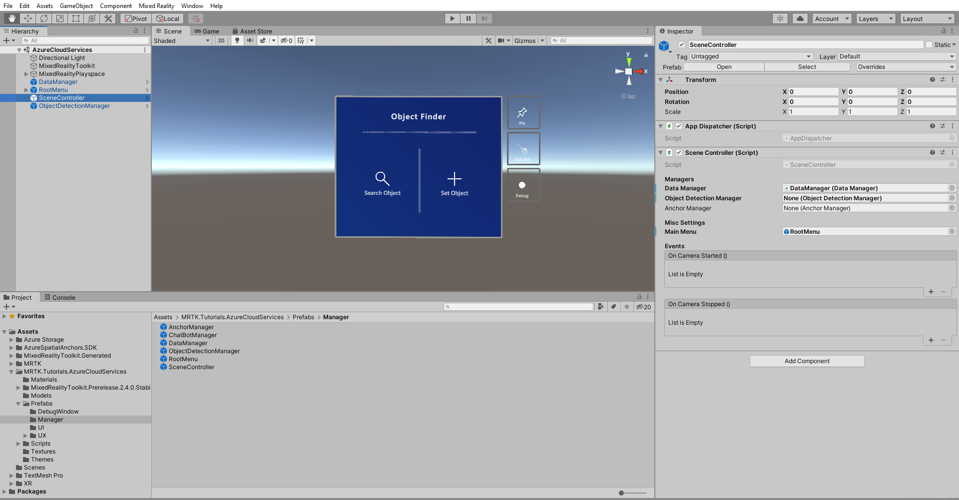 Screenshot di Unity con i campi di configurazione del componente script SceneController visualizzati in Inspector.