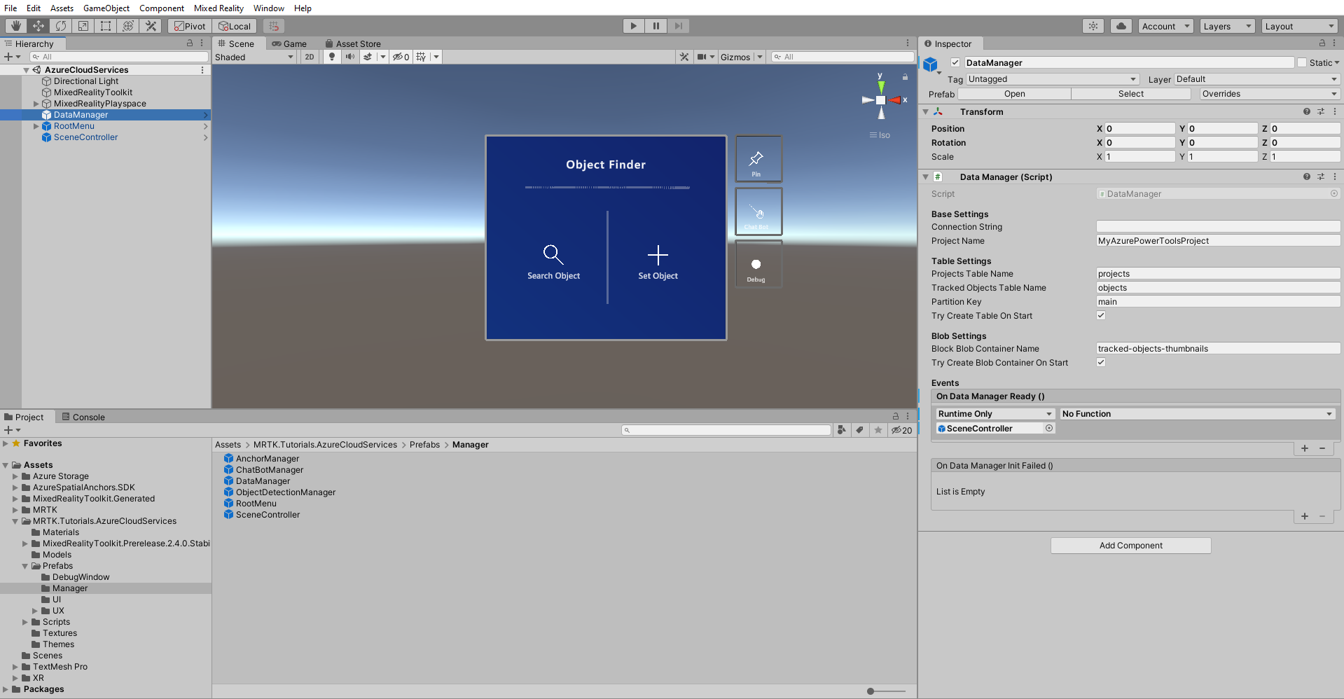 Screenshot di Unity con il listener di eventi DataManager aggiunto.