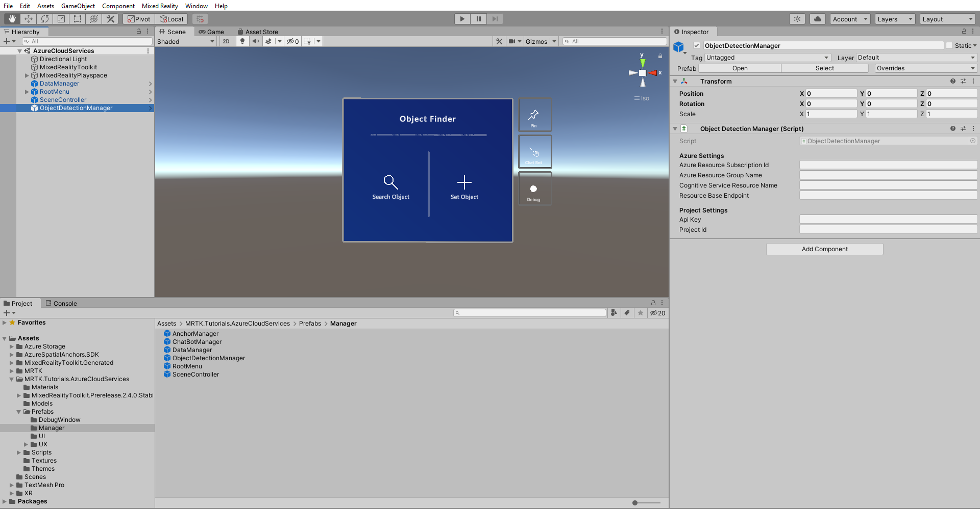 Screenshot di Unity con i campi di configurazione del componente script ObjectDetectionManager visualizzati in Inspector.