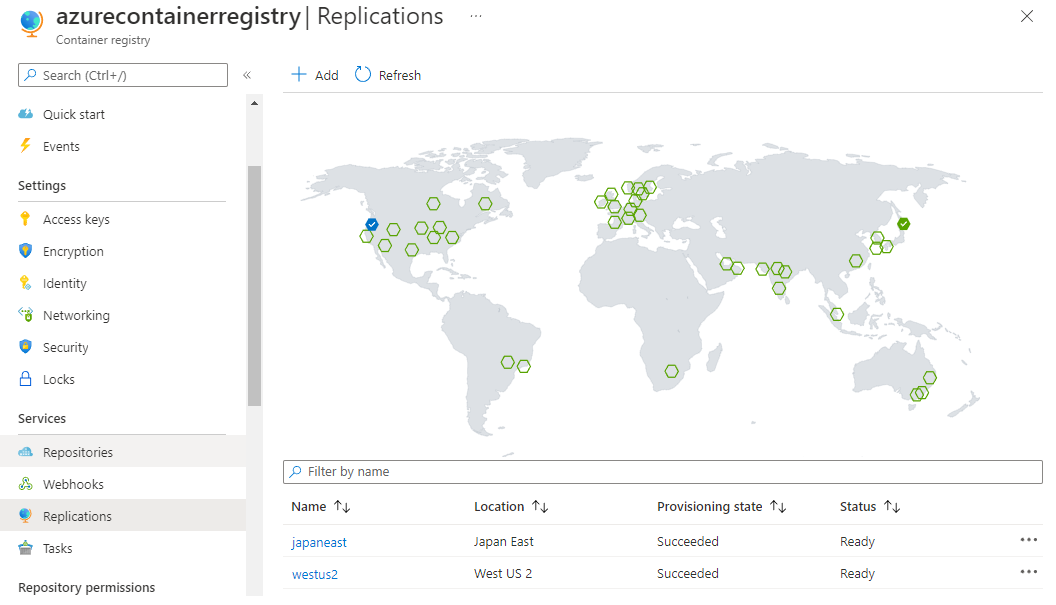 Screenshot della mappa globale del Registro Azure Container che mostra le posizioni replicate e disponibili.