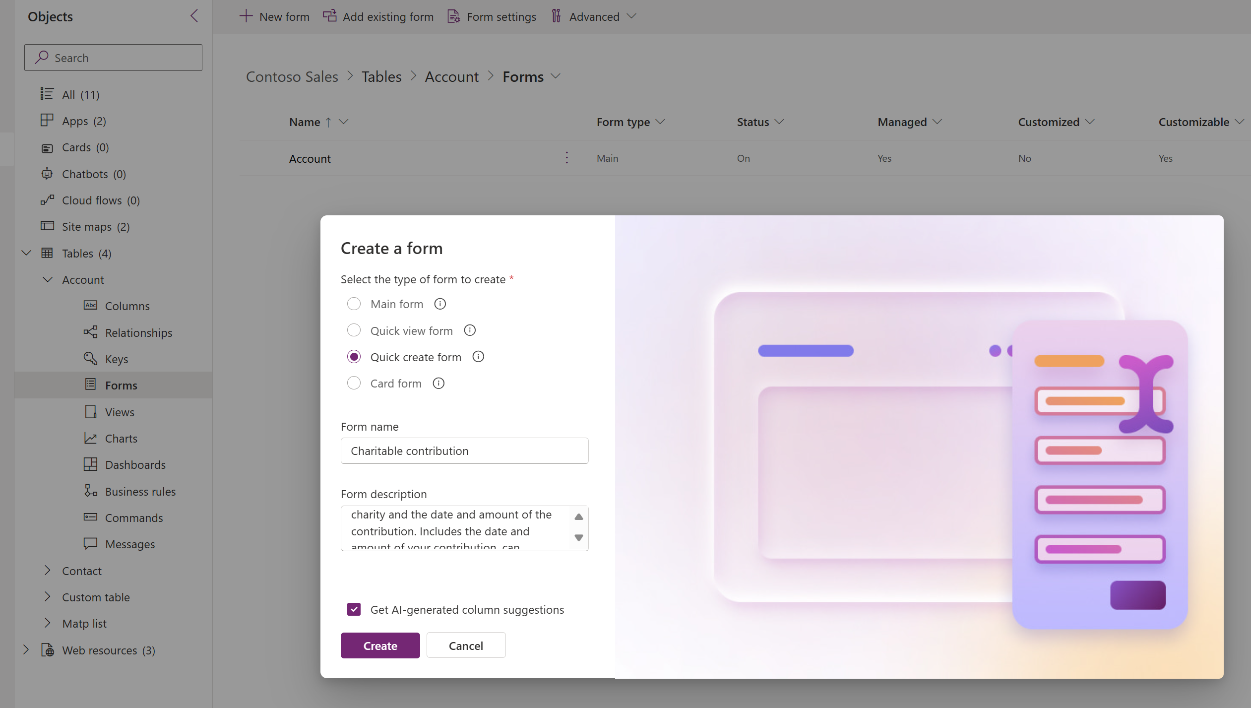 Screenshot della creazione di una nuova scheda modulo in Power Apps.