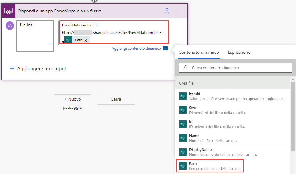 Screenshot del contenuto dinamico di Rispondi a una Power Apps o a un flusso che mostra il percorso.