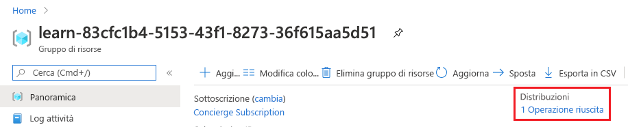 Interfaccia del portale di Azure per la panoramica del gruppo di risorse con la sezione distribuzioni che mostra che ne è stata completata una.