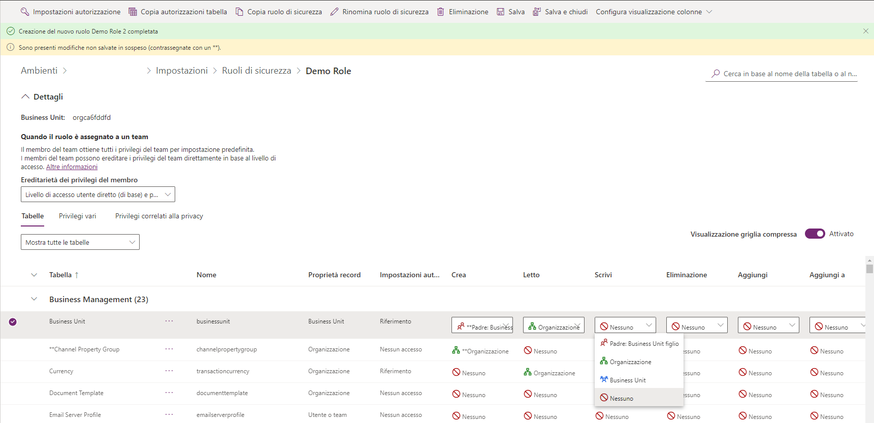 Screenshot del ruolo di sicurezza: impostazioni del nuovo ruolo di sicurezza per ogni entità.
