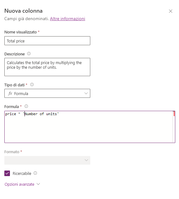 Screenshot della modifica della colonna primaria.