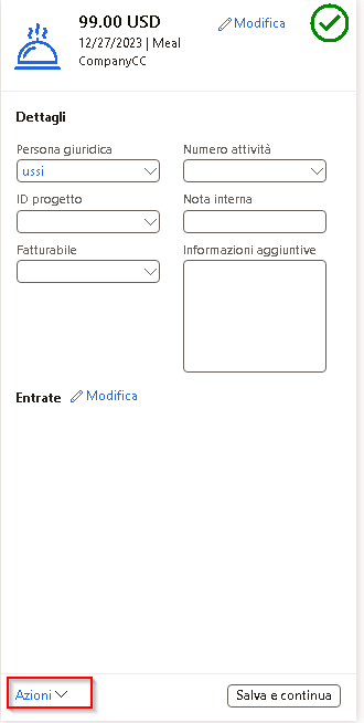 Screenshot della nuova spesa con l'opzione Ospiti evidenziata nel menu a discesa Azione.