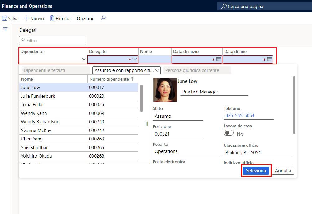 Screenshot della pagina Delegati per la finanza e le operazioni.