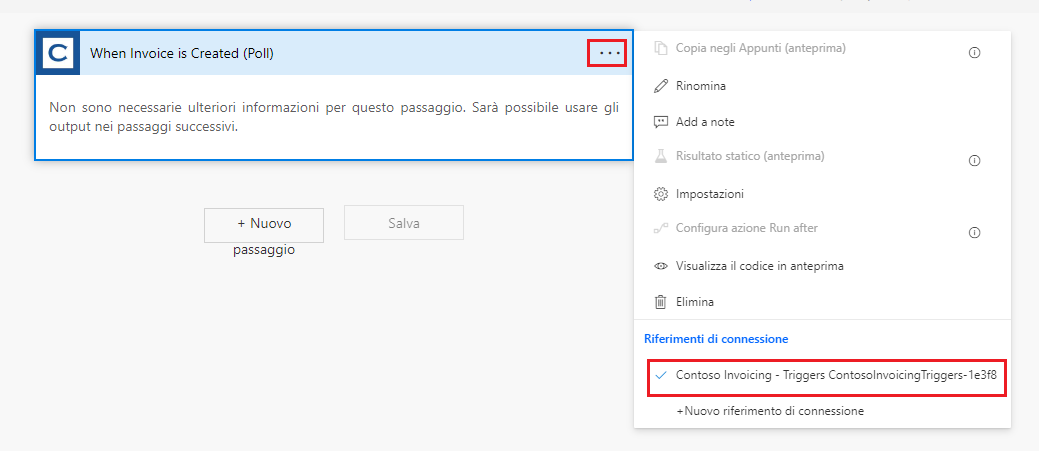 Screenshot della sezione Riferimenti connessione.