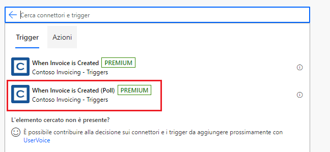 Screenshot con una freccia che punta a un trigger del connettore personalizzato.