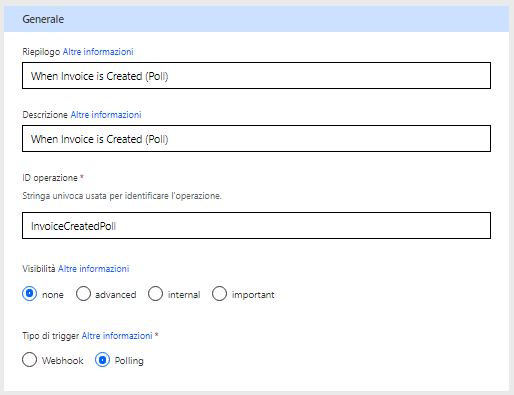 Screenshot con le proprietà del trigger del connettore.