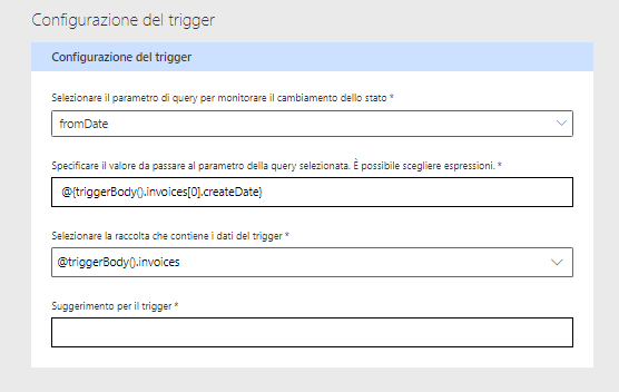 Screenshot della sezione Configurazione trigger con valori.