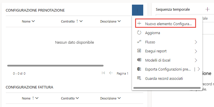 Screenshot di una configurazione di prenotazione con l'opzione Nuova configurazione prenotazione contratto evidenziata.