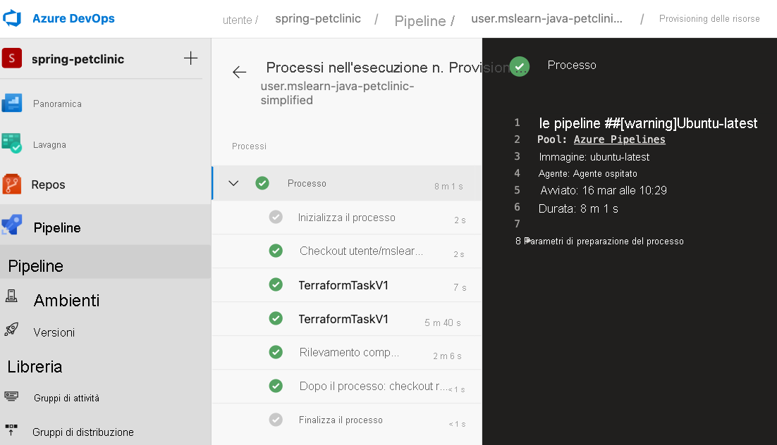 Screenshot che mostra la nuova esecuzione di Azure Pipeline.