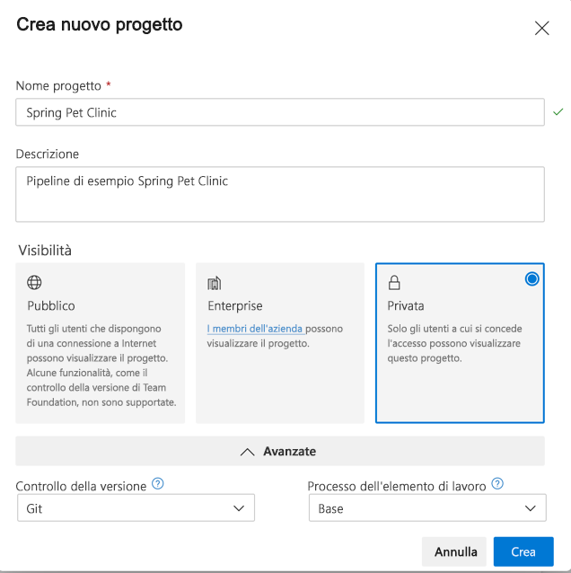 Screenshot che mostra il nuovo modulo di Progetto di Azure.