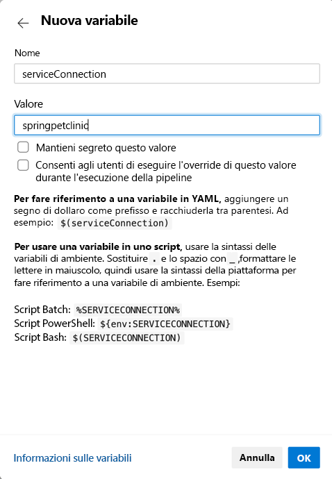 Screenshot che visualizza la variabile della nuova entità servizio.