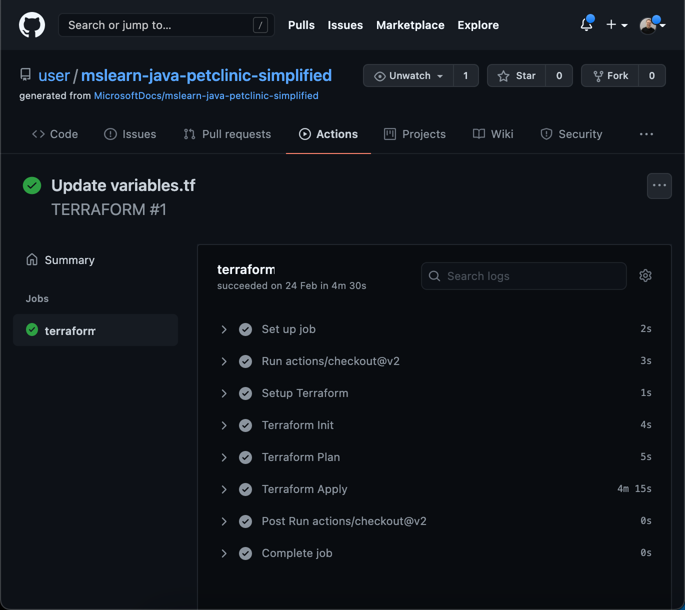 Screenshot che mostra i risultati dell'esecuzione del flusso di lavoro Terraform.