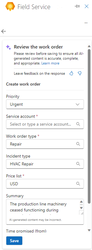 Screenshot del riquadro di Outlook Field Service (anteprima) che mostra un ordine di lavoro generato automaticamente per la revisione.