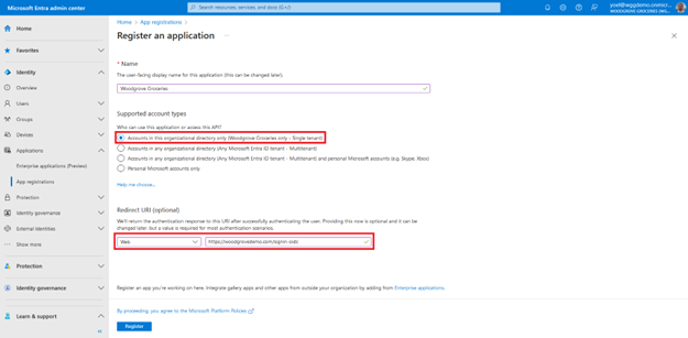 Screenshot che mostra il pannello Registra un'applicazione con gli account in questa directory organizzativa evidenziata solo per Chi può utilizzare questa applicazione o accedere a questa API?, l'URI di reindirizzamento evidenziato e impostato su Web, nonché l'URL dove reindirizzare l'utente dopo l'autenticazione riuscita.