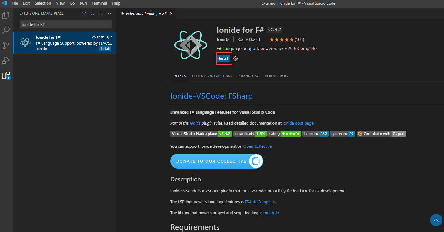 Screenshot della visualizzazione estensioni di Visual Studio Code che mostra la pagina di installazione dell'estensione Ionide F# con una casella intorno al pulsante Installa.