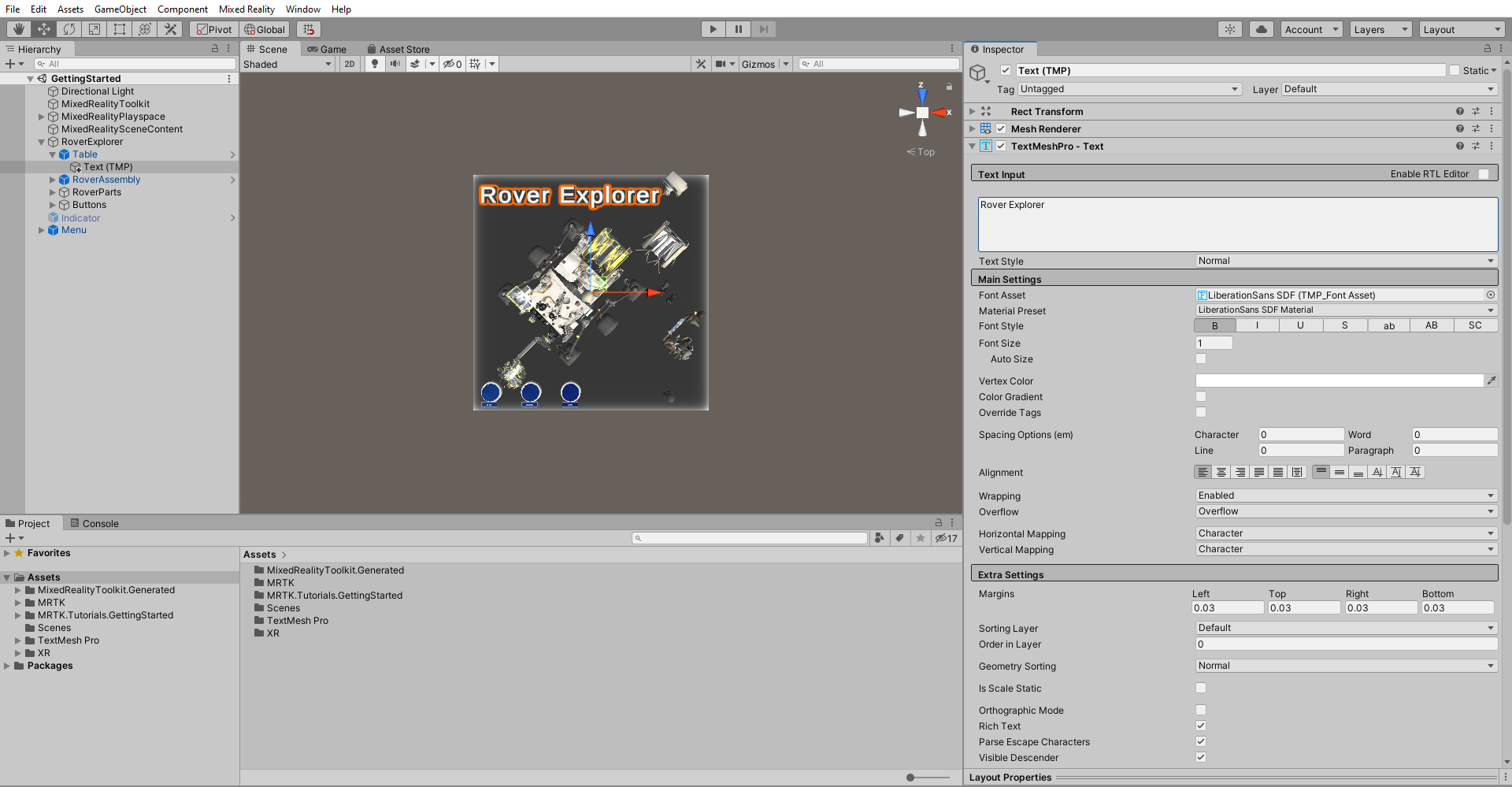Screenshot di Unity con il componente TextMeshPro configurato.