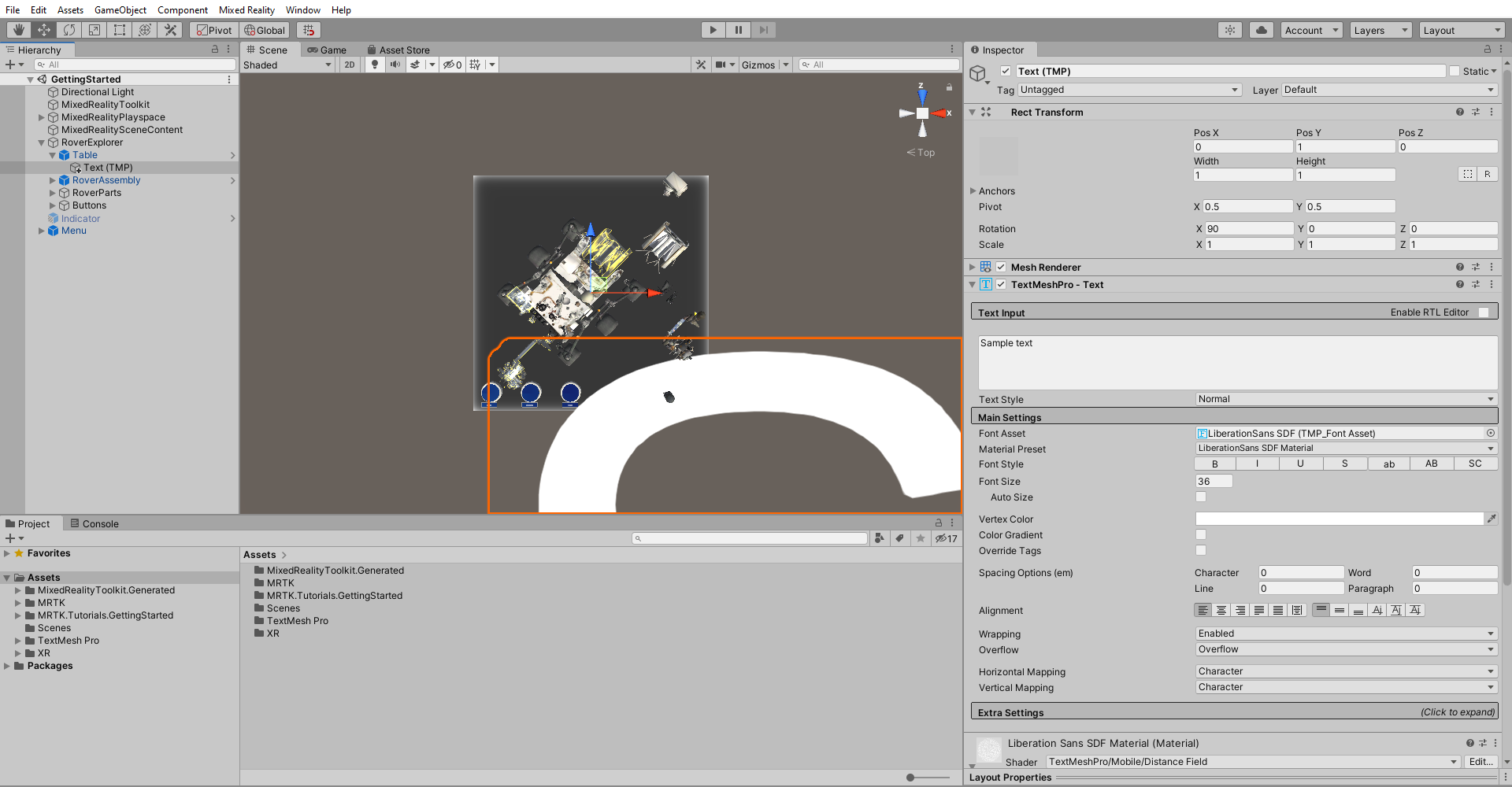 Screenshot di Unity con l'oggetto TextMesh Pro appena creato selezionato.